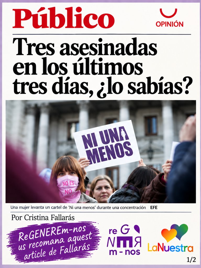 MaTeresaNaves's tweet photo. 💜 ReGENEREm-nos us recomana l’article de Cristina #Fallarás a @publico_es 

«Tres assassinades en els últims tres dies, ¿lo sabías?»

🫂Nosaltres ja som sòcies fundadores de La Nuestra. Tu també t’hi pots sumar a https://t.co/iWszrgAUF3

@ReGENEREmNos ‼️ https://t.co/Ly28ODBynn