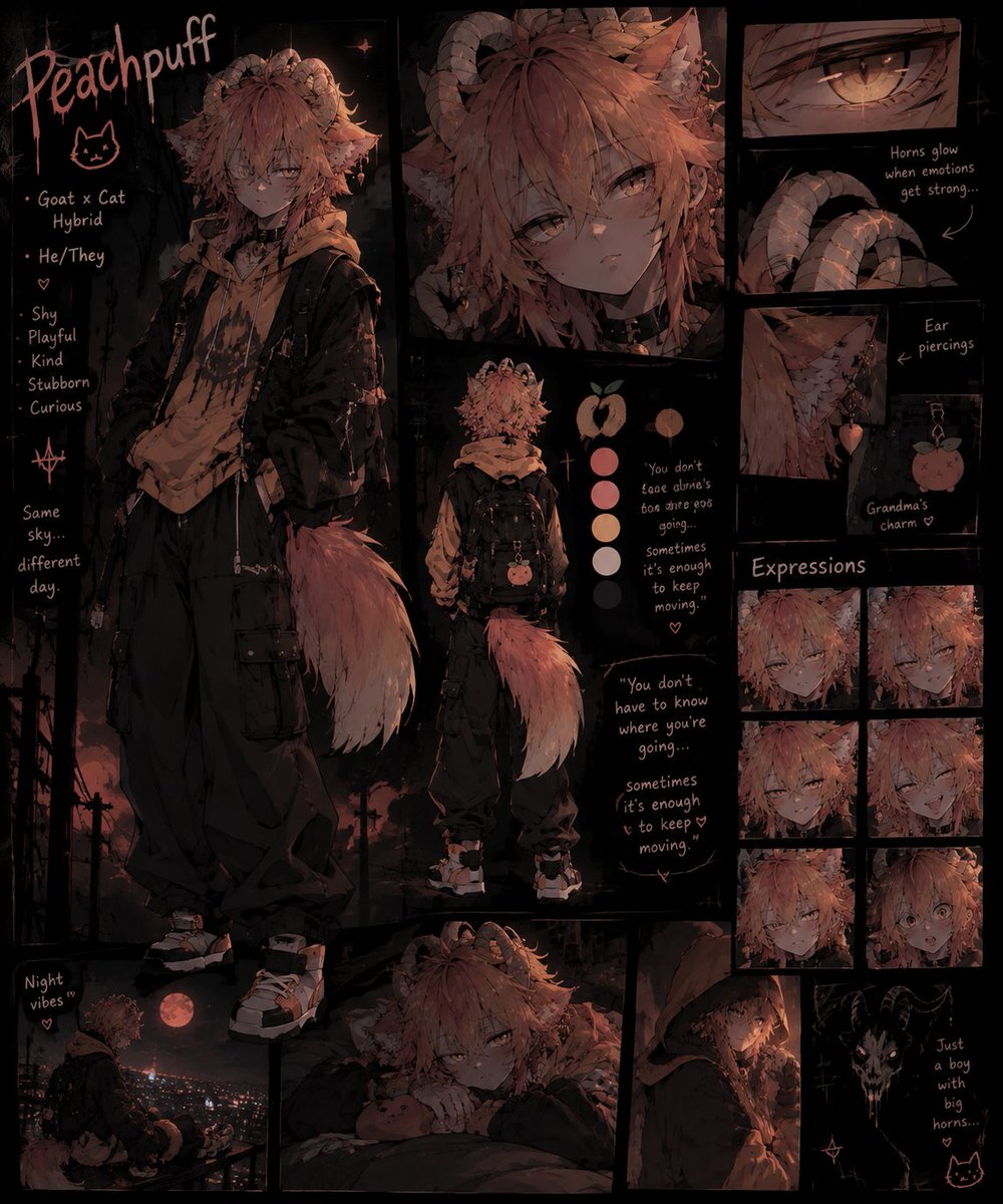 Rukko_LT's tweet photo. @kinatarts Peachpuff is a mysterious goat-cat hybrid who wanders the streets after dark. His glowing horns appear whenever strong emotions take over, and nobody knows why. He may look intimidating, but underneath the spooky vibe, he’s still just a shy, curious little guy. 🍑🌙 https://t.co/BCTcT4c7Dz