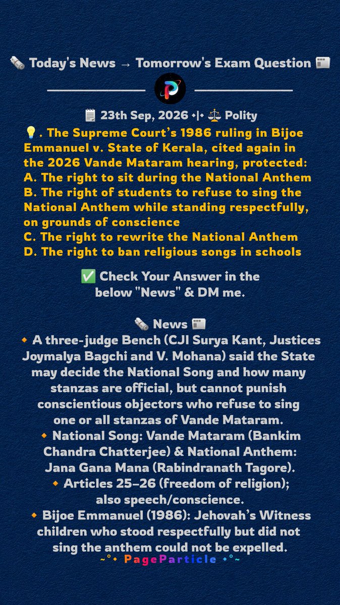 PageParticle's tweet photo. 🗞️ Today's News → 
Tomorrow's Exam Question 📰
📌 2026-Sep-23 | #161 - #162 

#161: Bijoe Emmanuel vs. State of Kerala
#162: Jaskaran Jeet Singh Deol vs. State of Punjab

#CurrentAffairs #PageParticle #Polity https://t.co/8tR6r8YKyj