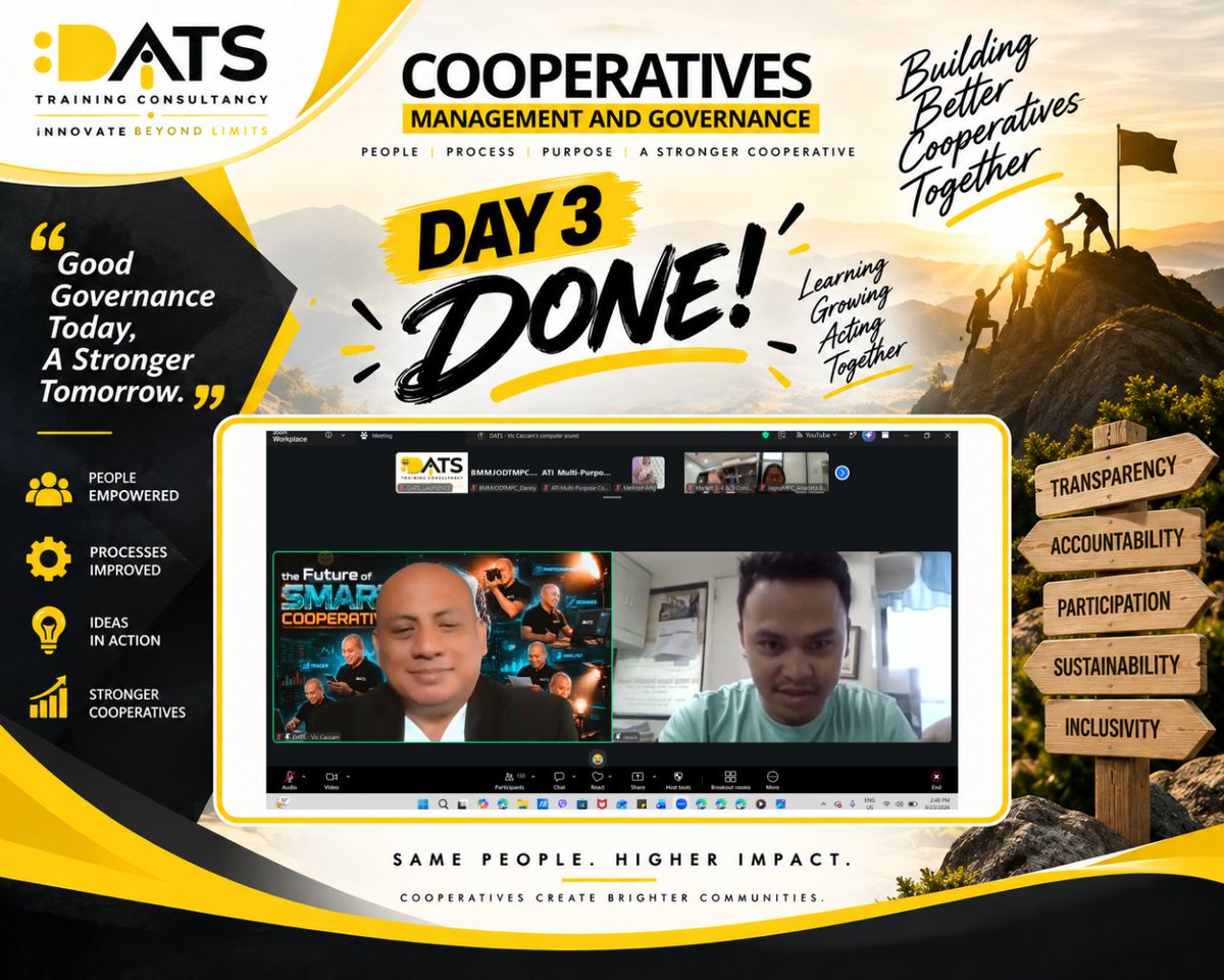 DATSTandC's tweet photo. DAY 3 — DONE! ✅🖤💛

Today, we explored leadership, accountability, transparency, and responsible cooperative management.

Learn. Apply. Lead.

#Day3Done #CooperativesManagementAndGovernance #DATS #CooperativeLeadership https://t.co/HDY88daavZ
