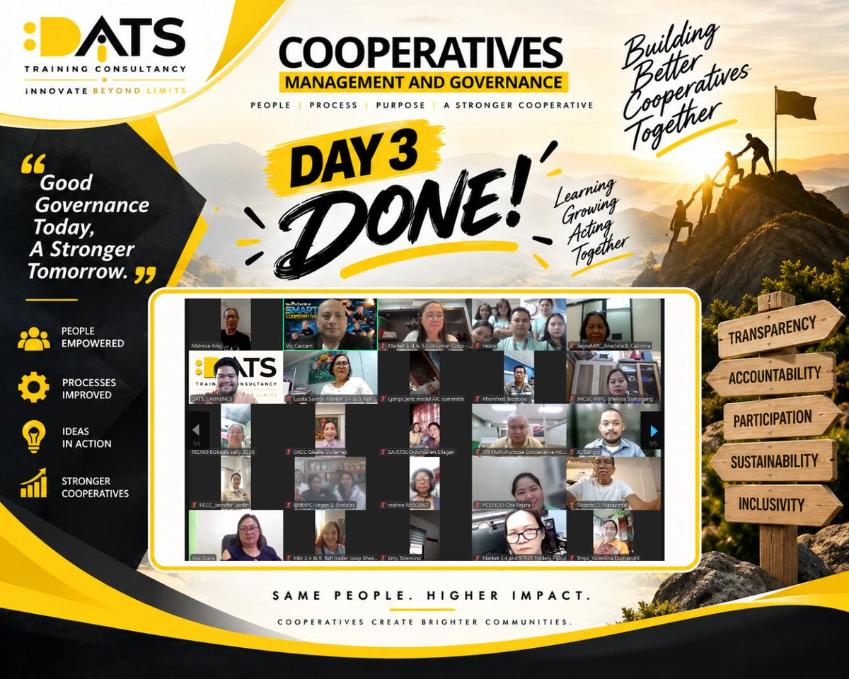 DATSTandC's tweet photo. DAY 3 — DONE! ✅🖤💛

Today, we explored leadership, accountability, transparency, and responsible cooperative management.

Learn. Apply. Lead.

#Day3Done #CooperativesManagementAndGovernance #DATS #CooperativeLeadership https://t.co/HDY88daavZ