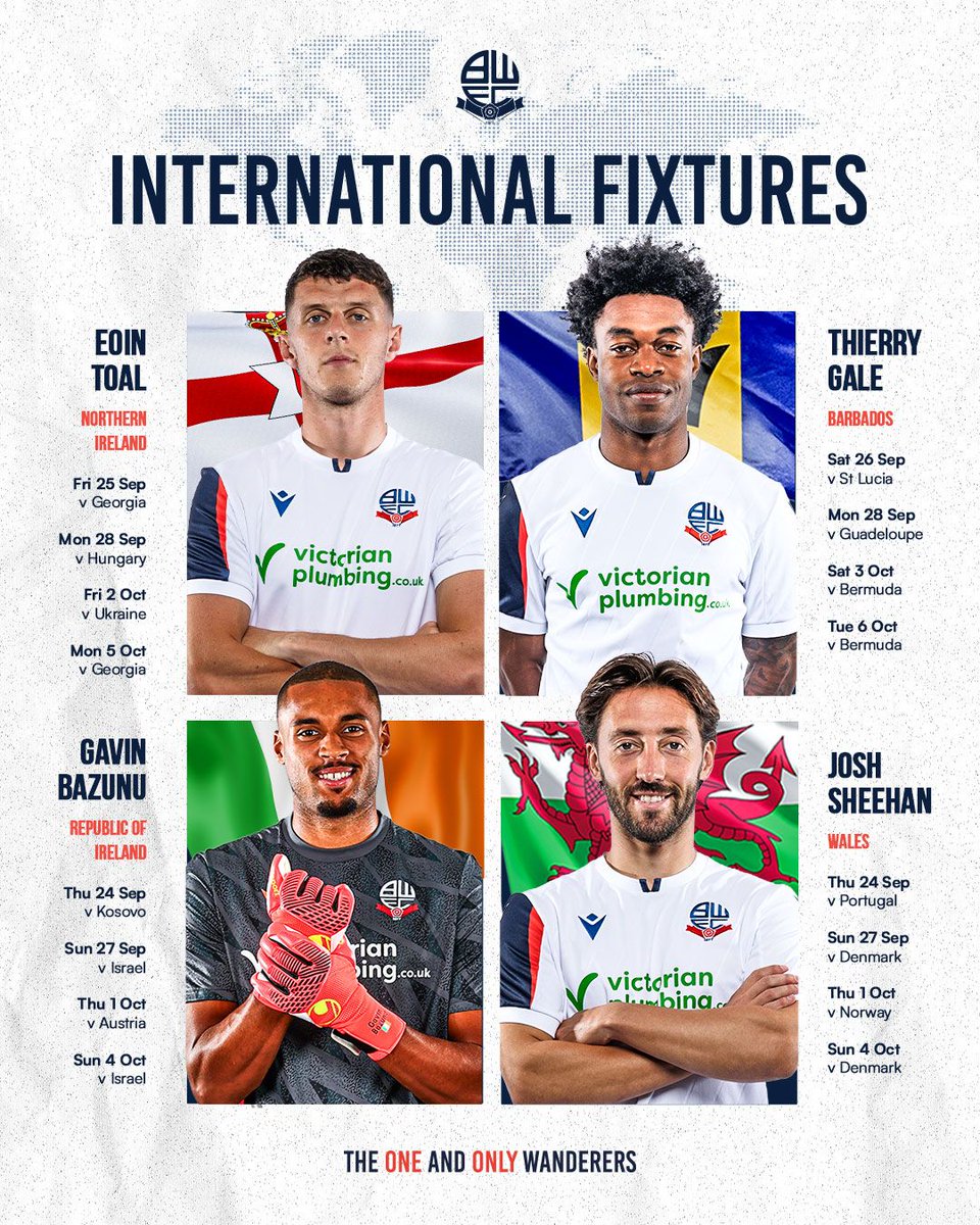 OfficialBWFC's tweet photo. Our lads on international duty over the next two weeks ✈️🌎

#bwfc https://t.co/LpoxPbBcwh