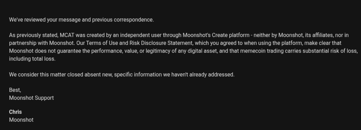Luke48661595's tweet photo. @MCATonchain Sent to me by a community member @moonshot confirm they have no affiliation at all with @MCATonchain and provided no confirmation that they would back the coin by making posts on X. The narrative that $mcoin is an official/unofficial mascot of moonshite is total BS. https://t.co/7bigiHXwO3