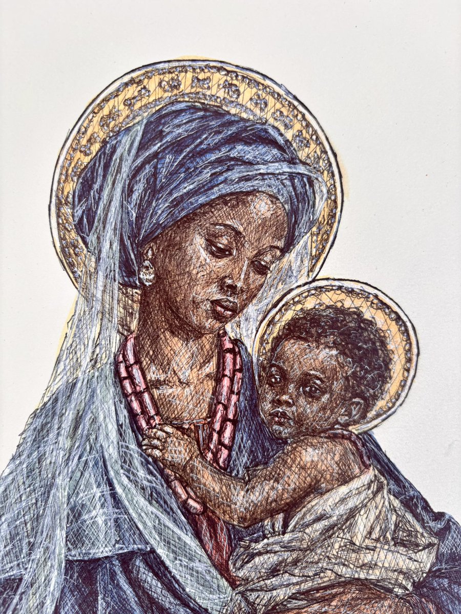 ini_oluwa_'s tweet photo. Details of my African adaptation of Boticelli’s “Madonna and Child”. I did it with ink and acrylic on Strathmore paper. https://t.co/mf9mv986pN