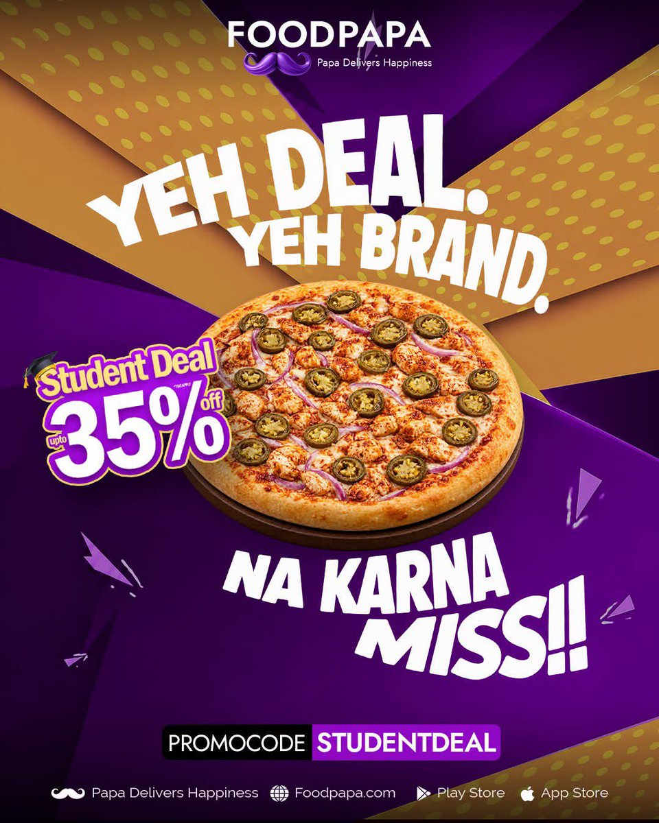 foodpapa_pk's tweet photo. Pizza craving on, budget tension gone! 

Order your favourite pizza from top brands on Foodpapa 
Use promo code STUDENTDEAL, and enjoy up to 35% OFF at participating restaurants.

Big slices, bigger savings, yeh deal miss karna allowed nahi! 

Order now on Foodpapa!
T&Cs apply.
#FoodPapa