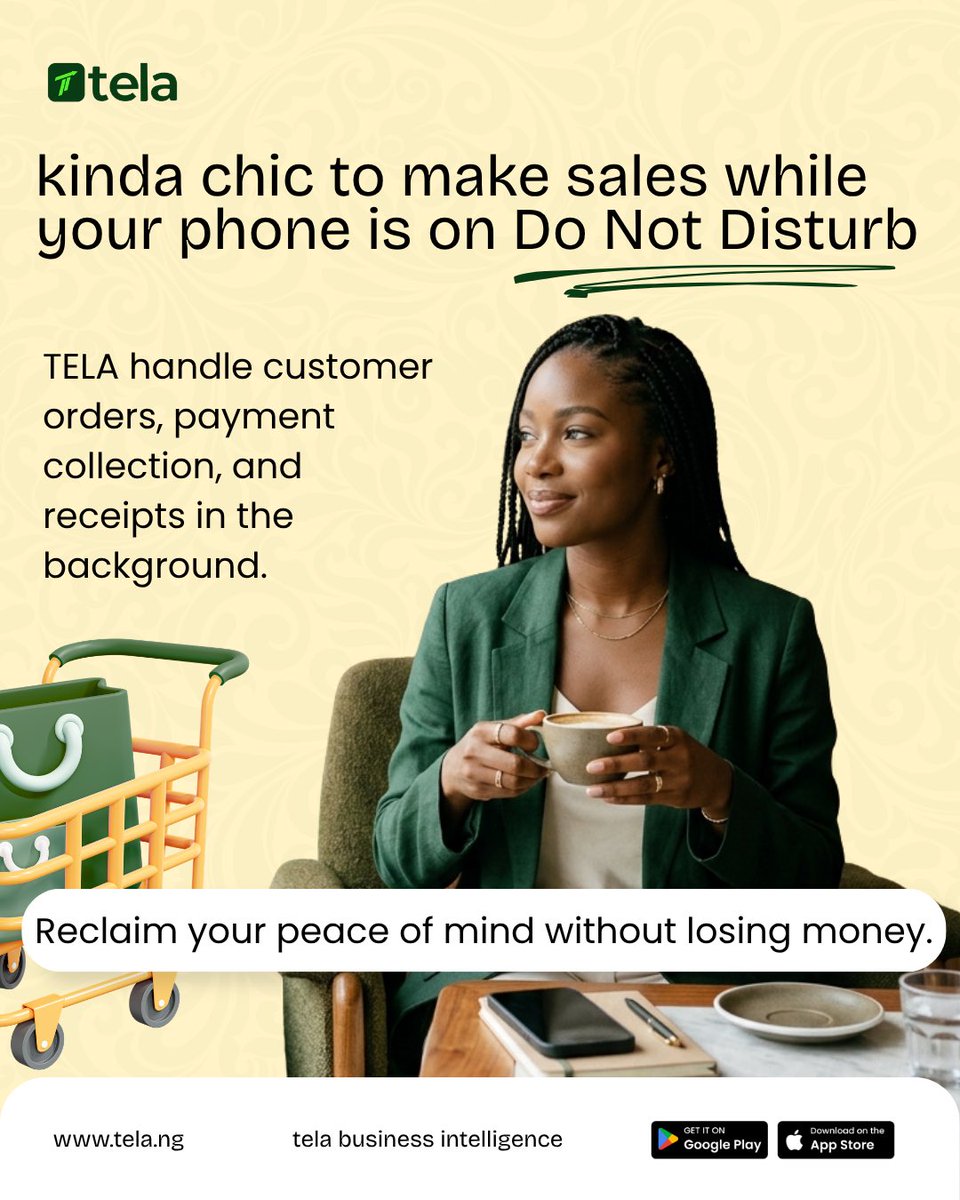 mytelaapp's tweet photo. Making sales while your phone is on Do Not Disturb? Pure main character energy. ✨ Let TELA handle your orders and payments seamlessly in the background so you can protect your peace without missing a check. 📲 Download on Google Play or App Store. 
#fypシ゚ #gettelaapp https://t.co/VeUUB67GDl