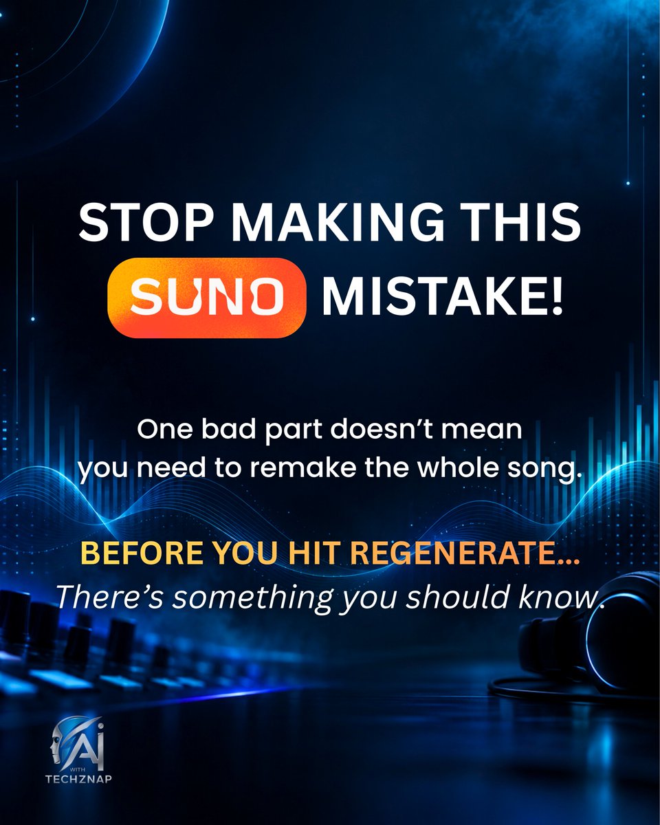 AIWithTechZnap's tweet photo. Stop making this Suno mistake!🫸🫸
If one part feels off, don’t regenerate the whole song. Suno v6 lets you fix just that section and keep the rest.🙌🎧

#suno #aimusic #aiwithtechznap #tipsandtricks #aitools https://t.co/j0zw7hP58p