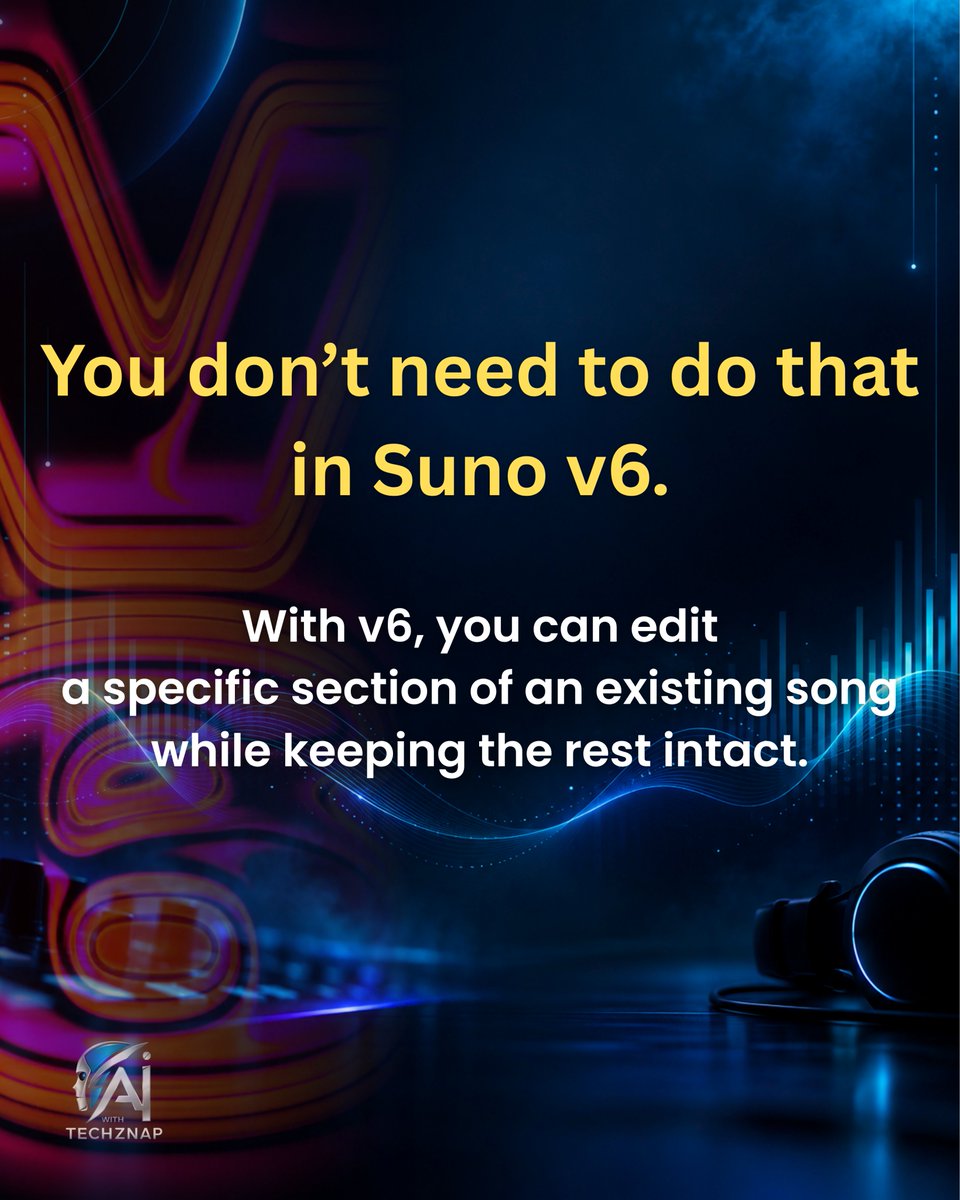 AIWithTechZnap's tweet photo. Stop making this Suno mistake!🫸🫸
If one part feels off, don’t regenerate the whole song. Suno v6 lets you fix just that section and keep the rest.🙌🎧

#suno #aimusic #aiwithtechznap #tipsandtricks #aitools https://t.co/j0zw7hP58p