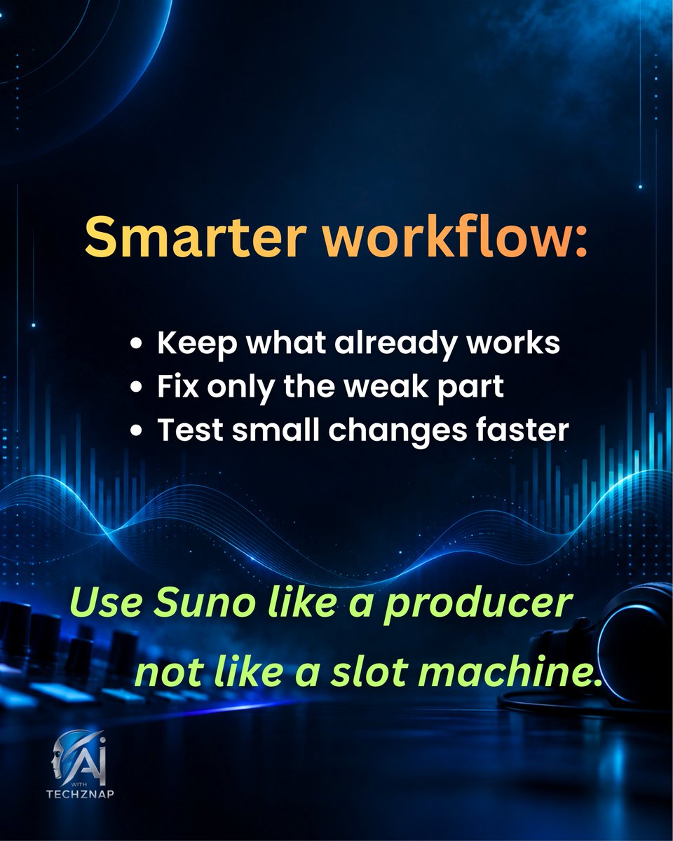 AIWithTechZnap's tweet photo. Stop making this Suno mistake!🫸🫸
If one part feels off, don’t regenerate the whole song. Suno v6 lets you fix just that section and keep the rest.🙌🎧

#suno #aimusic #aiwithtechznap #tipsandtricks #aitools https://t.co/j0zw7hP58p
