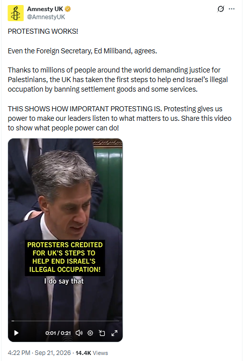 NGOmonitor's tweet photo. .@AmnestyUK is now celebrating the UK’s Sept. 8 sanctions on Israelis as proof that “PROTESTING WORKS.”
As our research documented, a settlement trade ban is not the end goal of this NGO campaign, but a stepping stone toward broader restrictions and wholesale BDS targeting Israel.