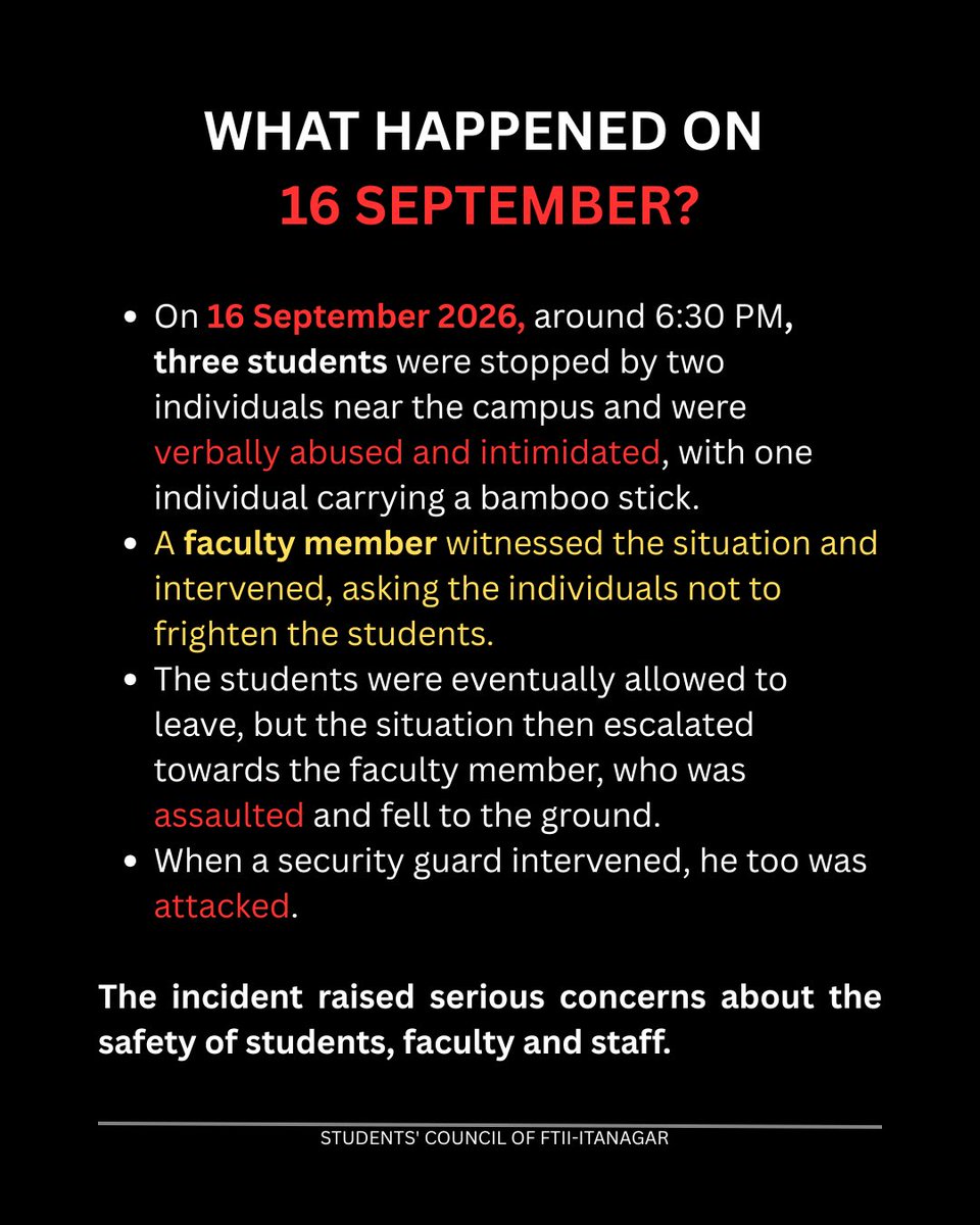 voiceofftiii's tweet photo. FTII Itanagar students and faculty are seeking urgent attention to our safety concerns. These slides explain the incident, our concerns, and why immediate action is needed.
Please read and amplify.
Slide 1 to 4
#FTIIItanagar #FTIIStudents #FTIIProtest #AcademicHalt #CISF https://t.co/afDHbXB67p