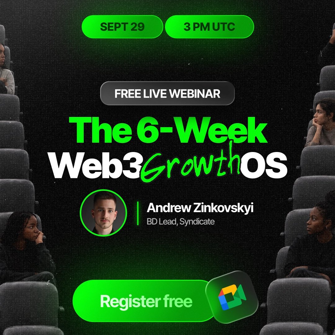 sndcapp's tweet photo. The 6-Week Web3 Growth OS – live with Syndicate 👀

🗓️Sept 29, 3pm UTC. 

Our BD Lead @ajzinkovskyi breaks down the exact framework behind 4 projects that went from silent launch to compounding users.

Register for free 👇
https://t.co/hWnvAROFvE

30 minutes, live. No slides you've seen before, no "post more on X."

Just the real sequence, real pricing, and real numbers.

What's inside:

🟢 The 5-phase growth sequence – and why running it out of order kills most campaigns

🟢 Quest structure that compounds instead of just farming

🟢 4 unedited case studies – @LitecoinVM, @integra_layer, @flipper_trade, @c8ntinuum

🟢 The pricing math + the internal CAC sheet we use on every proposal

Show up live and the Verified-Action CAC Planning Sheet is yours, free.

Only 153 seats left