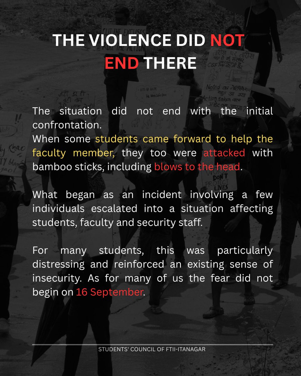voiceofftiii's tweet photo. FTII Itanagar students and faculty are seeking urgent attention to our safety concerns. These slides explain the incident, our concerns, and why immediate action is needed.
Please read and amplify.
Slide 1 to 4
#FTIIItanagar #FTIIStudents #FTIIProtest #AcademicHalt #CISF https://t.co/afDHbXB67p