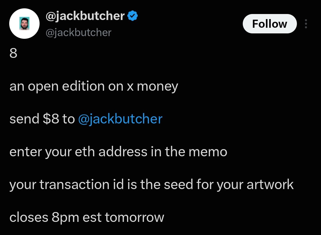 0x_celesti's tweet photo. Congrats to everyone who managed to turn $8 into ~$70 👀

$8 → $70 instantly 🙀🔥

Link: https://t.co/Ygly0Jl6Kc

So here’s what happened:

~2 days ago, @jackbutcher posted on X asking people to send him $8 through X Money and put their ETH address in the memo.

A lot of people went for it.

Since X Money is currently only available in the US, some people unfortunately got scammed while trying to participate.

But those who successfully followed the instructions received an NFT today called “Credits” - and the floor is currently around $70 👀

That’s a pretty crazy outcome for an $8 payment.

Wouldn’t be surprised if we see more offers like this in the future 👀

But as always, DYOR and be careful with your funds 🫡