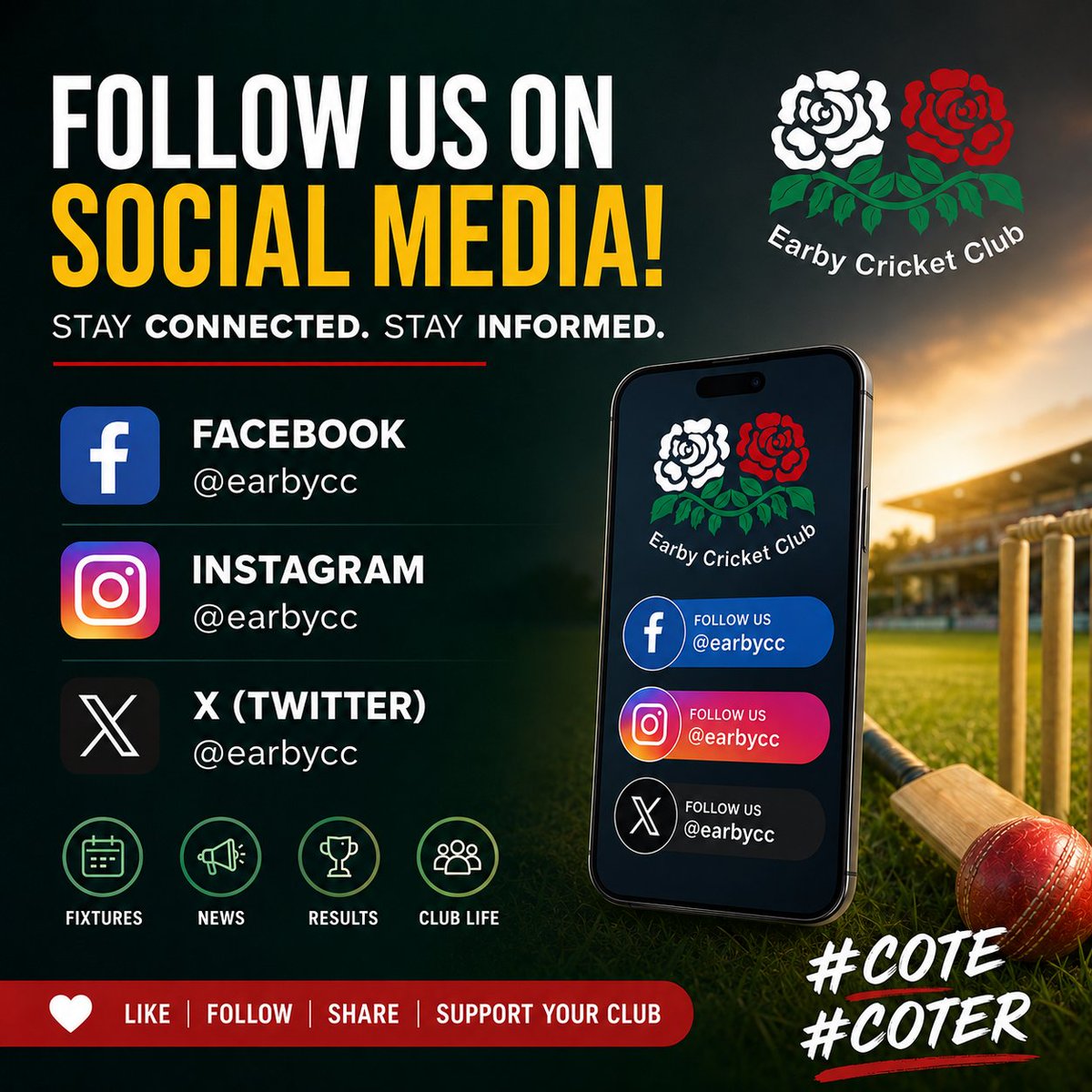 EarbyCC's tweet photo. 📲🏏 FOLLOW US ON SOCIAL MEDIA! 🏏📲
Want to keep up with everything happening at The Applegarth? Make sure you’re following us across our social media channels! 👇
🔵 Facebook – @earbycc
📸 Instagram – @earbycc
⚫ X – @earbycc
#earbycc #earbycricketclub #COTE #COTER🌹 https://t.co/Tv3L3t09k9