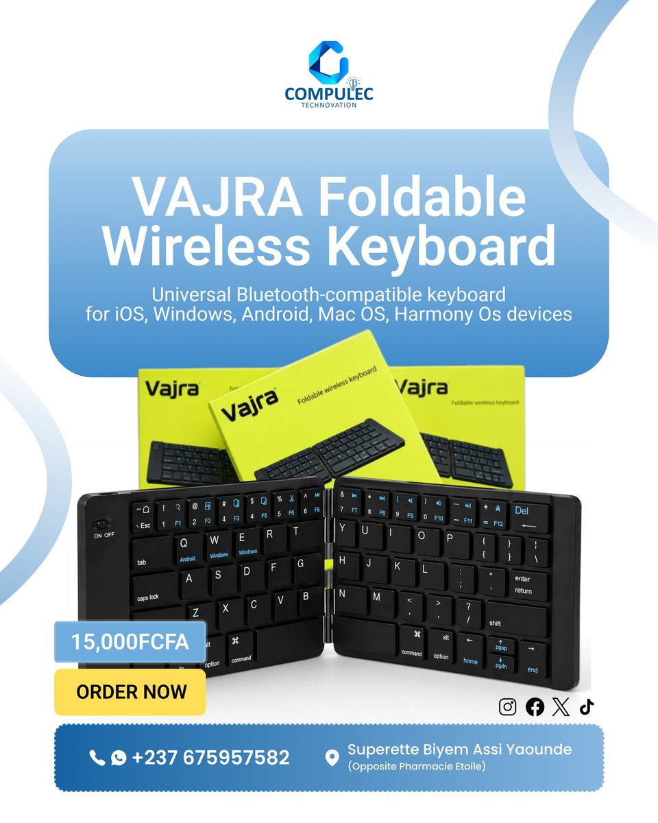 CompulecTech's tweet photo. ⌨️ VAJRA Foldable Wireless Keyboard
✅ Foldable &amp; Pocket-Sized
✅ Universal Bluetooth - iOS, Android, Windows, Mac
✅ Works with Phone, Tablet &amp; Laptop
💰 *15,000 FCFA ONLY!*
📍 COMPULEC - Superette Biyem Assi, Yaoundé (Opp. Pharmacie Etoile)
📞 +237 675957582 - ORDER NOW! https://t.co/0ZLO6NiyWd