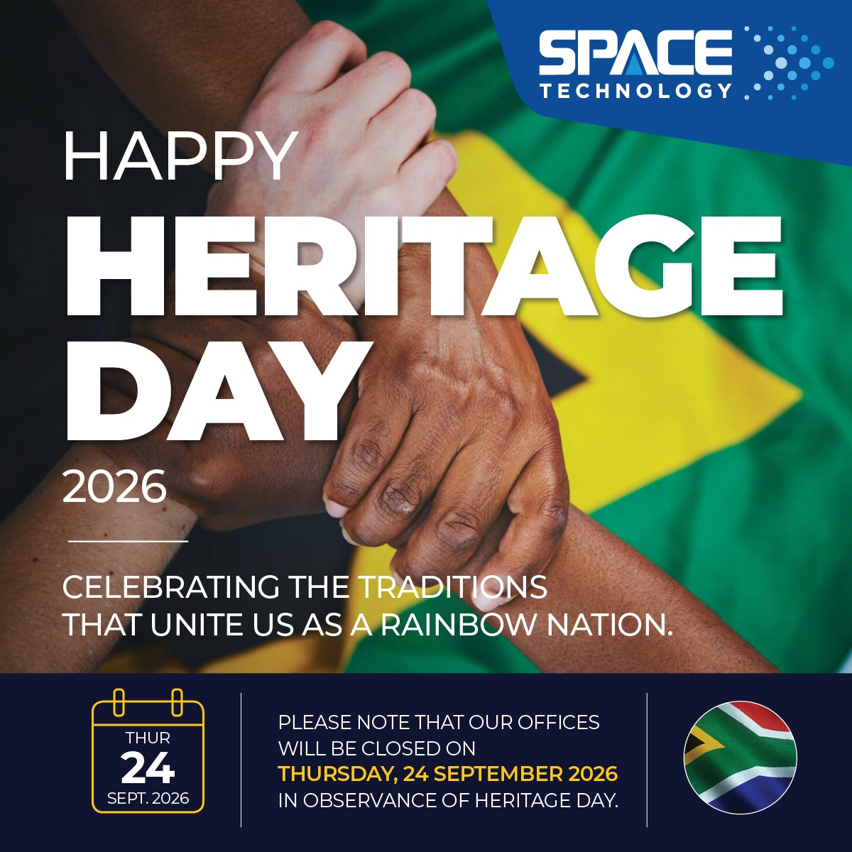 Space_Tele's tweet photo. 🇿🇦 Happy Heritage Day, South Africa! 🇿🇦

Today we celebrate the diverse cultures, traditions and heritage that make our beautiful rainbow nation unique. 🌍

Wishing all our customers and staff a joyful and meaningful Heritage Day!

❤️💛💚💙🖤🤍🇿🇦
#HeritageDay #SouthAfrica https://t.co/2Az6IKC6ZX