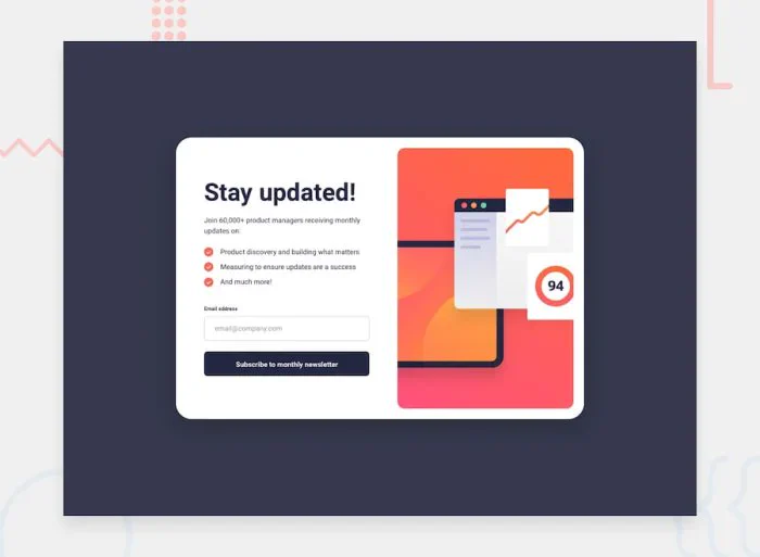 A subscription form encourages product managers to join a newsletter for updates, featuring a graphic with data metrics and a high score.