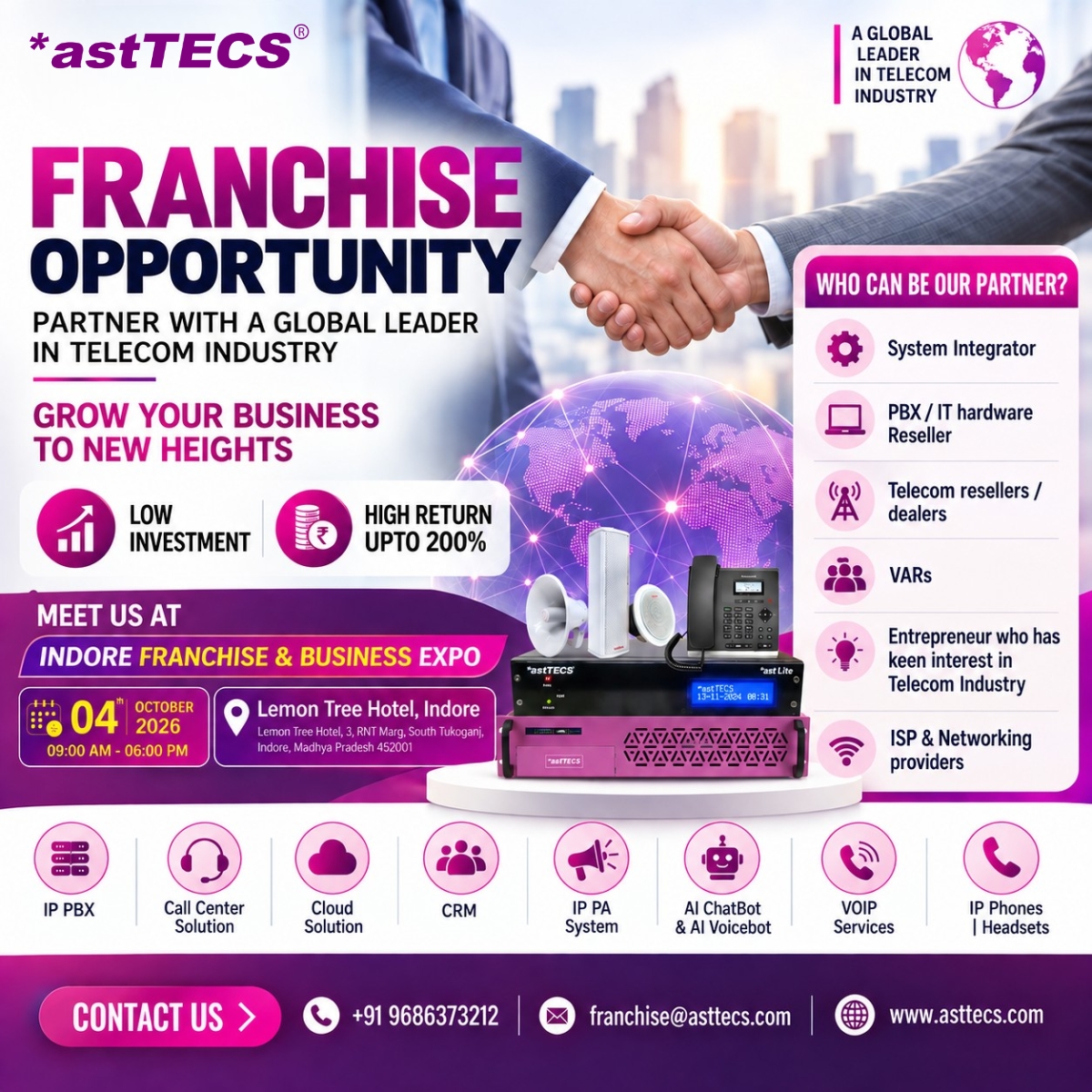 asttecs's tweet photo. 🚀Looking to grow your business in the Telecom industry?
Meet *astTECS at the Indore Franchise &amp; Business Expo 2026!

📅 4th October 2026
⏰ 9:00 AM – 6:00 PM
📍 Lemon Tree Hotel, Indore

🤝 Meet us. Explore partnership opportunities. Grow with *astTECS.

#astTECS #Franchise https://t.co/yUlZgDNMY2