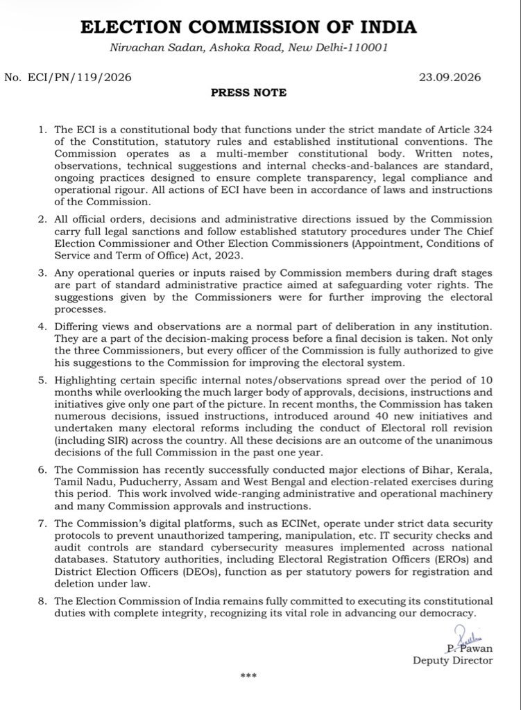 DDNewslive's tweet photo. #BreakingNews | Election Commission releases press note following media report on 2 ECs objecting to discrepancies in SIR process

@ECISVEEP @SpokespersonECI #SIR #ElectionCommission https://t.co/1pt5ib4ByB