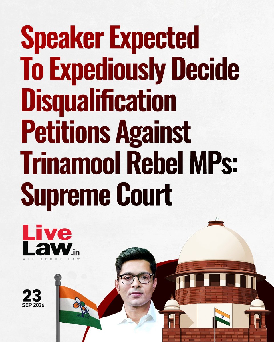 LiveLawIndia's tweet photo. The Supreme Court on Wednesday orally observed that the Lok Sabha Speaker was expected to take an expeditious decision on the petitions filed by Trinamool Congress General Secretary Abhishek Banerjee seeking the disqualification of 20 rebel TMC MPs under the Tenth Schedule of the Constitution.
Read more: https://t.co/1mHpU4cnTw
#SupremeCourt #LokSabhaSpeaker #TrinamoolCongress #AbhishekBanerjee