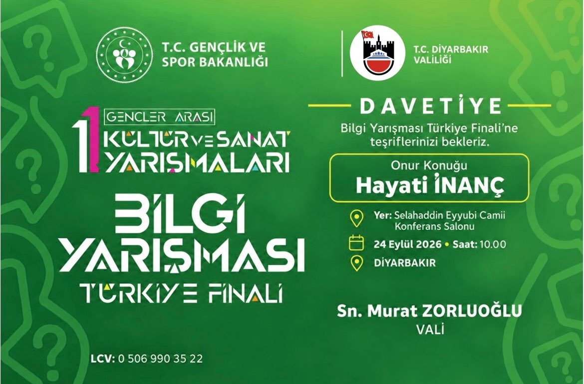 GSB_SurGM's tweet photo. Gençlik ve Spor Bakanlığı ile Diyarbakır Valiliği’nin düzenlediği Bilgi Yarışması Türkiye Finali’ne davetlisiniz!

📍 Yer: Selahaddin Eyyubi Camii Konferans Salonu, Diyarbakır
📅 Tarih: 24 Eylül 2026
⏰ Saat: 10.00
📞 LCV: 0 506 990 35 22 https://t.co/gGNkFvRAOe
