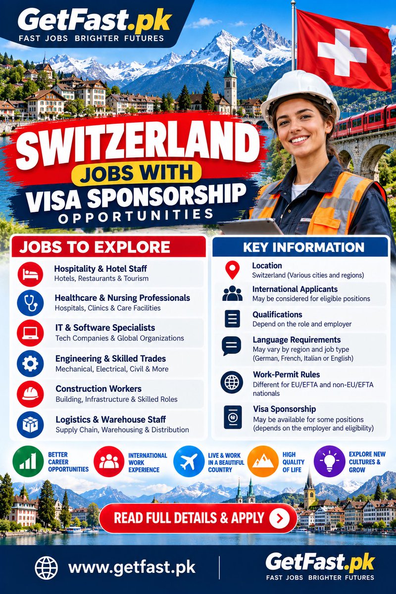 jobgetfast's tweet photo. 🇨🇭 Exploring jobs in Switzerland?

💼 Healthcare, IT, hospitality &amp; skilled careers
🌍 International applicants may be eligible
✈️ Sponsorship is not guaranteed; work-permit rules apply.

🔗 Full guide:
https://t.co/RezWgEIeI4

#SwitzerlandJobs #JobsAbroad #GetFastPK https://t.co/Hxo7ONvzin