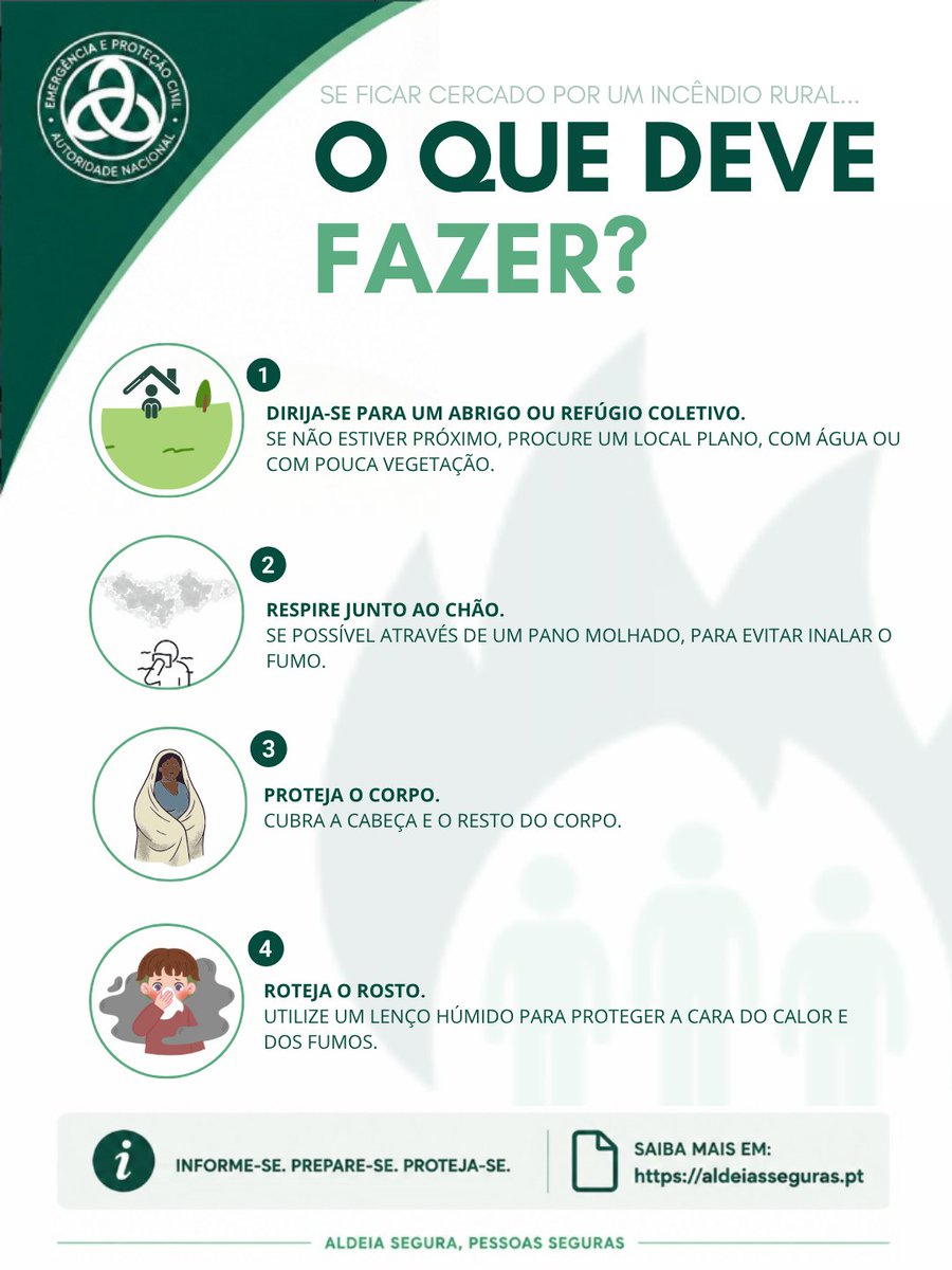 ProteccaoCivil's tweet photo. 🔥 Se ficar cercado por um #incêndiorural, sabe como agir?

👉 Conheça as principais medidas de autoproteção e esteja preparado.

ℹ️ Respeite as restrições em vigor e mantenha-se atento aos avisos das autoridades.

📲 Saiba mais em: https://t.co/bg7lSEIGOL  

#PessoasSeguras https://t.co/8aD0K4KUg3