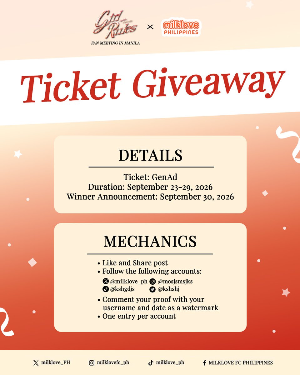 milklove_PH's tweet photo. 📢 #GirlRulesFMinManila (1) GenAd Ticket Giveaway

How to join:
1⃣ Like and share this post
2⃣ Follow the social media accounts below
3⃣ Comment your proof with your username and date as a watermark

Sponsored by: @moonpoofoo
🗓️Ends September 29, 2026 | 🇵🇭 PH only https://t.co/TGPP5kuWYY