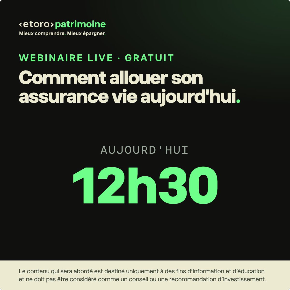 eToroFr's tweet photo. 🔴 Webinaire aujourd'hui à 12h30 : comment allouer son assurance vie en 2026.

Fonds en euros, ETF, immobilier, matières premières — support par support, ce que chacun apporte et ce qu'il faut en attendre.

Inscription gratuite - RDV sur le lien