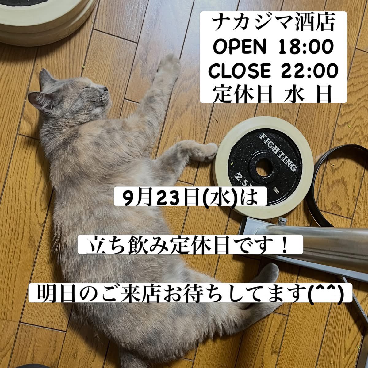 RyosukeNj's tweet photo. 9月23日(水)は定休日です！
明日のご来店お待ちしてます＼(^^)／

#西成　#立ち飲み　#ナカジマ酒店 https://t.co/Fr7YHVz56b