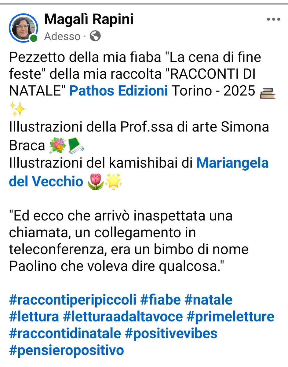 MagaliRapini's tweet photo. Pezzetto della mia fiaba "La cena di fine feste" della mia raccolta "RACCONTI DI NATALE" Pathos Edizioni Torino - 2025 📚✨
#raccontiperipiccoli #fiabe #natale #lettura #letturaadaltavoce #primeletture #raccontidinatale #positivevibes #pensieropositivo
https://t.co/J7VwXmdBDN https://t.co/hYmlScuPc7