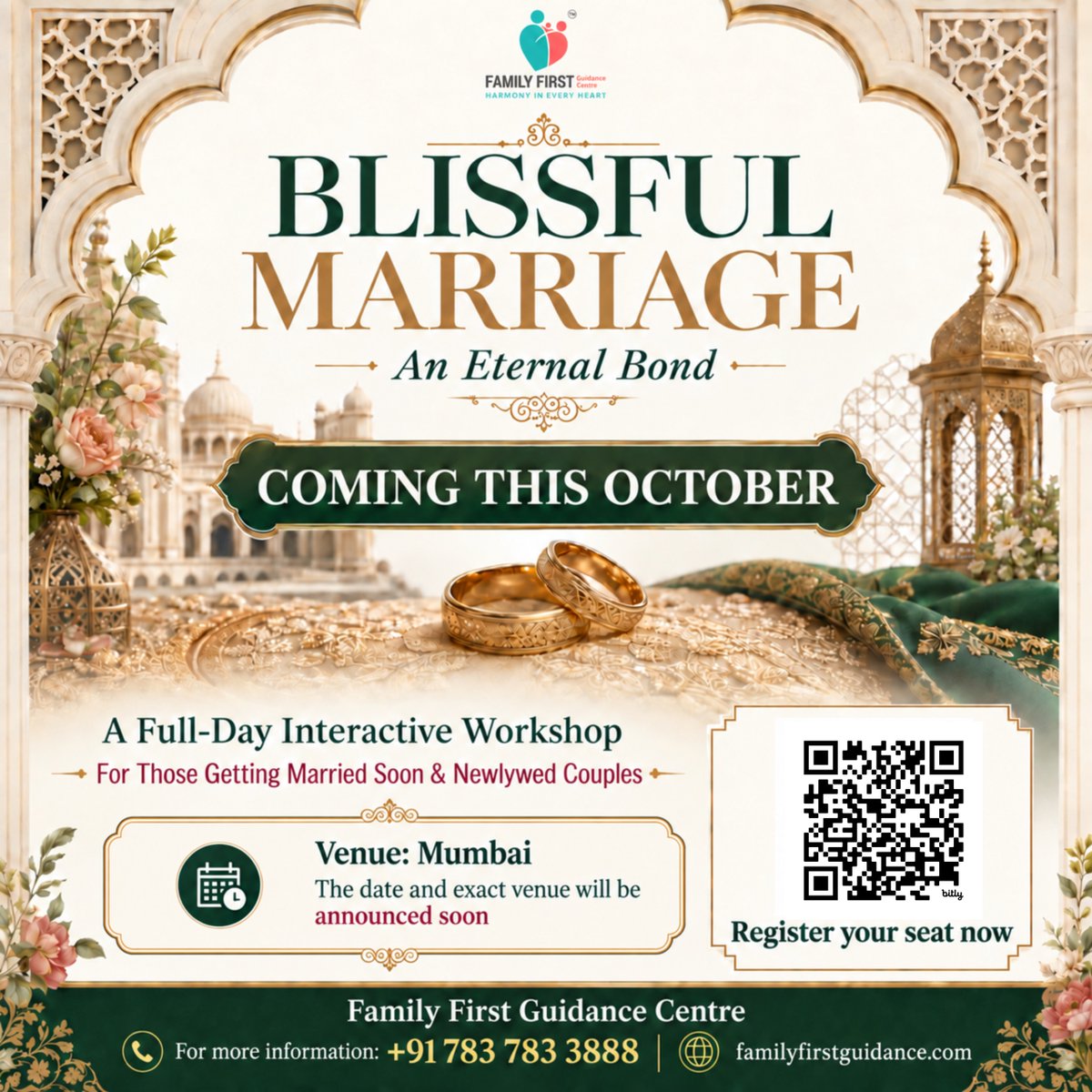 FamilyFirstGC's tweet photo. 💍 BLISSFUL MARRIAGE – An Eternal Bond
[Registration Form](https://t.co/vncyqF6ngV)

🗓️ Coming this October
📍 Mumbai
📞 For enquiries &amp; registration:
+91 783 783 3888
🌐 [Family First Guidance Centre](https://t.co/IoTNgpQk8g)

#blissfulmarriage #HealthyMarriage #strongmarriage https://t.co/4gDk13slt5