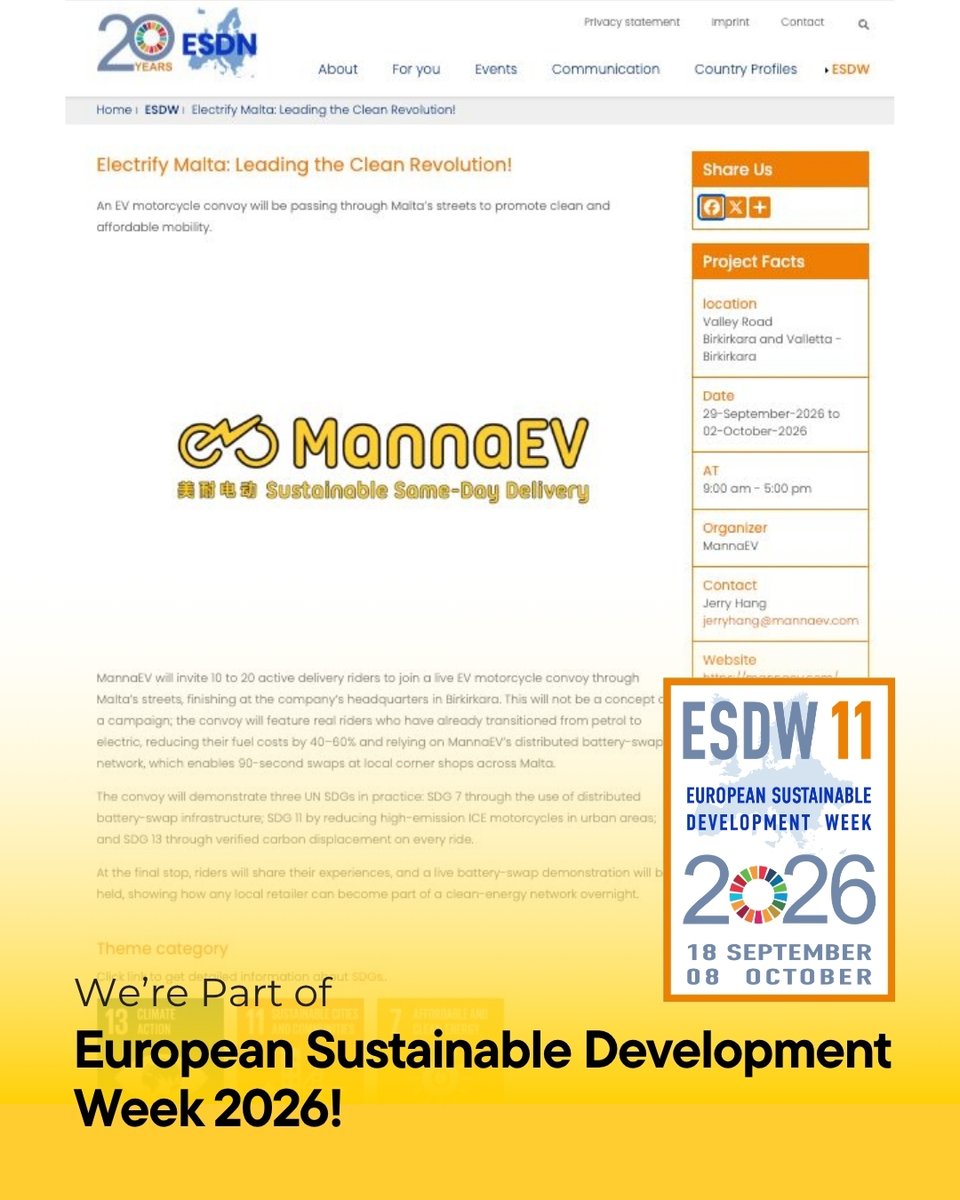 Fleevigo's tweet photo. Weโre proud to be part European Sustainable Development Week 2026!โจ
๐ Discover our campaign:
https://t.co/3xRGfqQZMq
#Fleevigo #MannaEVย #ESDW2026 #EuropeanSustainableDevelopmentWeek2026 #SustainableMobility #ElectricMobility #SustainableDevelopment #Malta https://t.co/RgsnsN6OSf