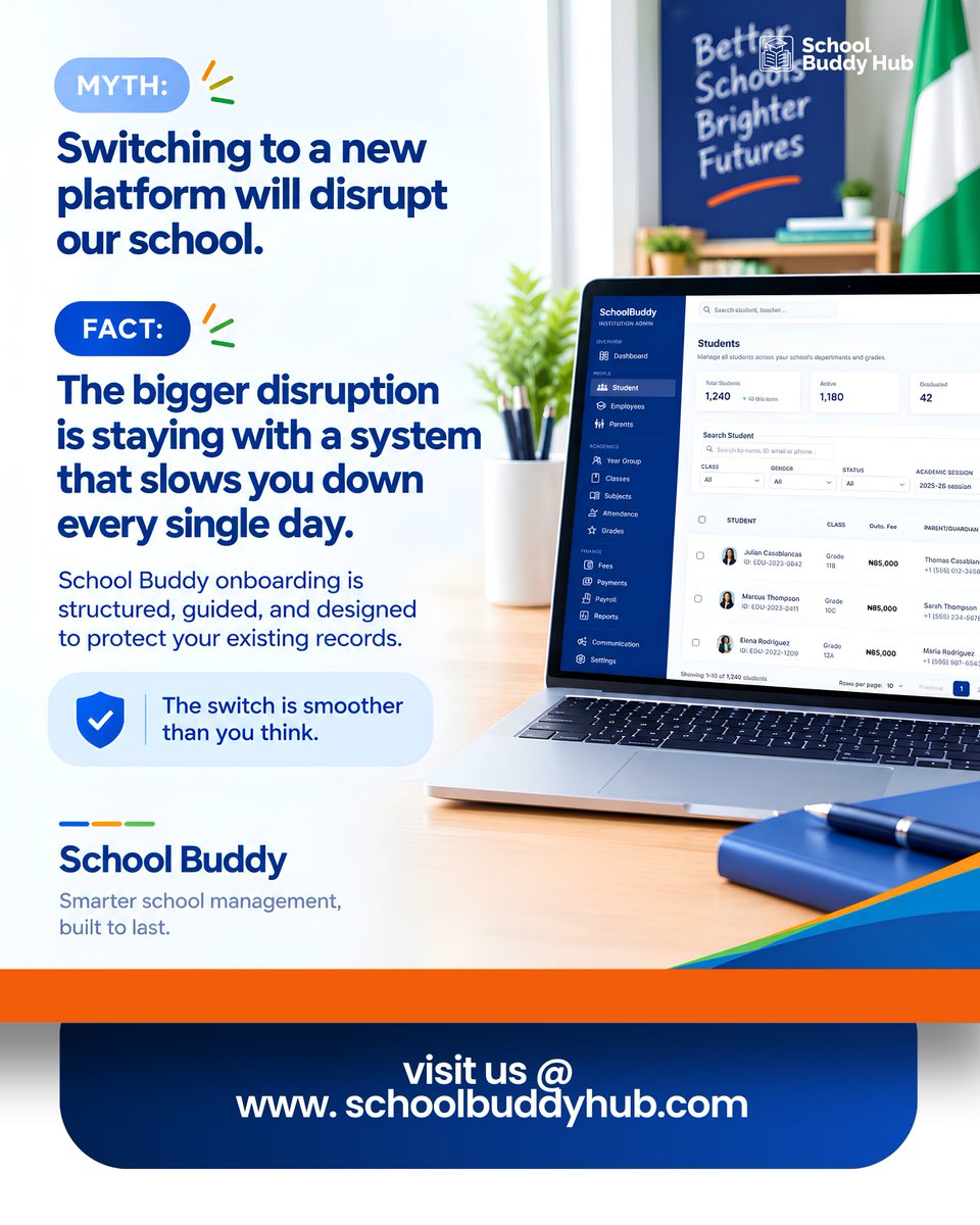 SchoolBuddyHub's tweet photo. The real disruption isn't switching platforms.
It's staying on one that wastes your time every single day.

Schools delay switching because they fear the chaos.

The switch is smoother than you think.
Visit: https://t.co/TuzVmoHxQD

#SchoolManagement #EdTech #NigerianSchools https://t.co/OaWxWsw85i