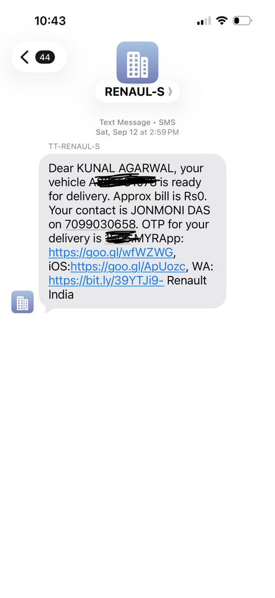14kunalagarwal's tweet photo. @RenaultIndia @NewIndAssurance I even have a text message which says I can pick my vehicle sans any charge. This message is from September 12. SS attached https://t.co/M2dT4xcqNk