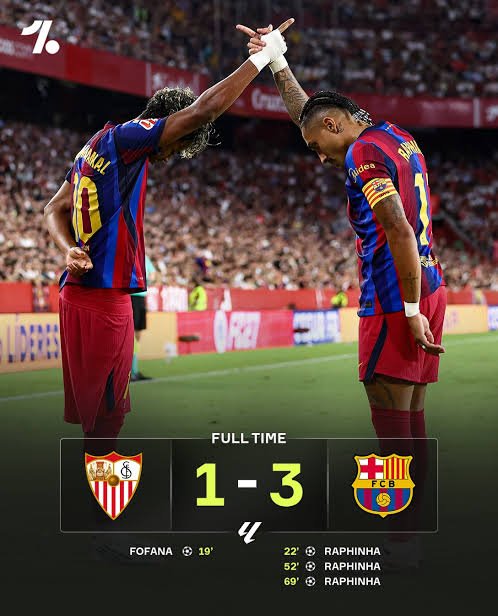 hadzic32's tweet photo. 🇪🇸 Barcelona nastavlja impresivan niz!
Nakon pobjede 3:1 protiv Seville, uz hat-trick Raphinhe, Barça je upisala sedmu uzastopnu pobjedu u La Ligi. Sezona je tek počela,ali već ima mnogo toga za pratiti.🔥
#Barcelona #FCBarcelona #Barca #LaLiga #Raphinha #LamineYamal #ViscaBarca https://t.co/9bBKNUik8V
