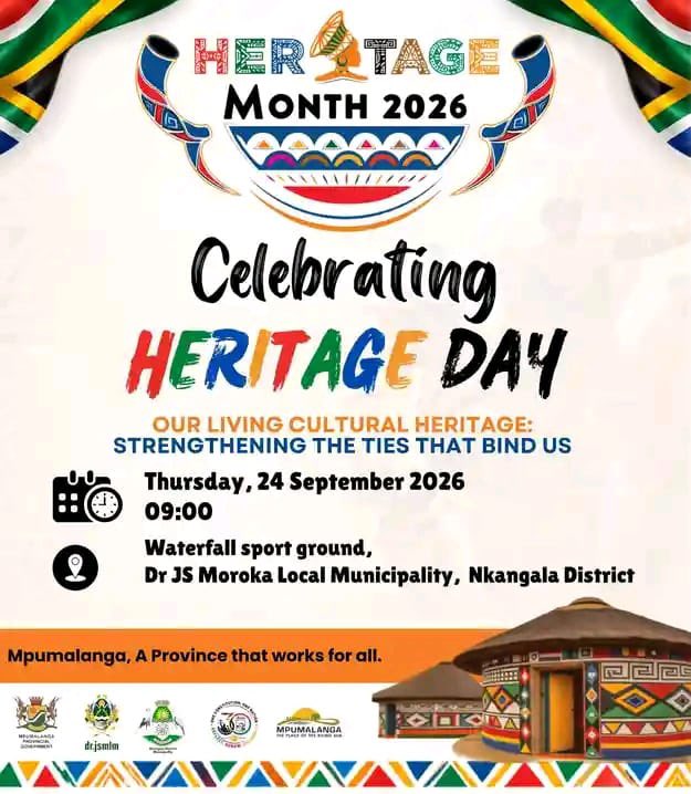 GCISMpumalanga's tweet photo. 🇿🇦 CELEBRATING HERITAGE DAY 2026
Our Living Cultural Heritage: Strengthening the Ties That Bind Us
South Africans are invited to come together and celebrate our rich and diverse cultural heritage as we commemorate Heritage Day 2026.
📅 Thursday, 24 September 2026
🕘 09:00
📍 Waterfall Sport Ground, Dr JS Moroka Local Municipality, Nkangala District
Let us celebrate the traditions, languages, customs and cultural practices that make us one nation, while strengthening the ties that bind us.
Happy Heritage Day! 🇿🇦
#HeritageDay2026 #OurLivingCulturalHeritage #SouthAfrica #MpumalangaAProvinceThatWorksForAll #ANationThatWorksForAll #GovZaUpdatesMP