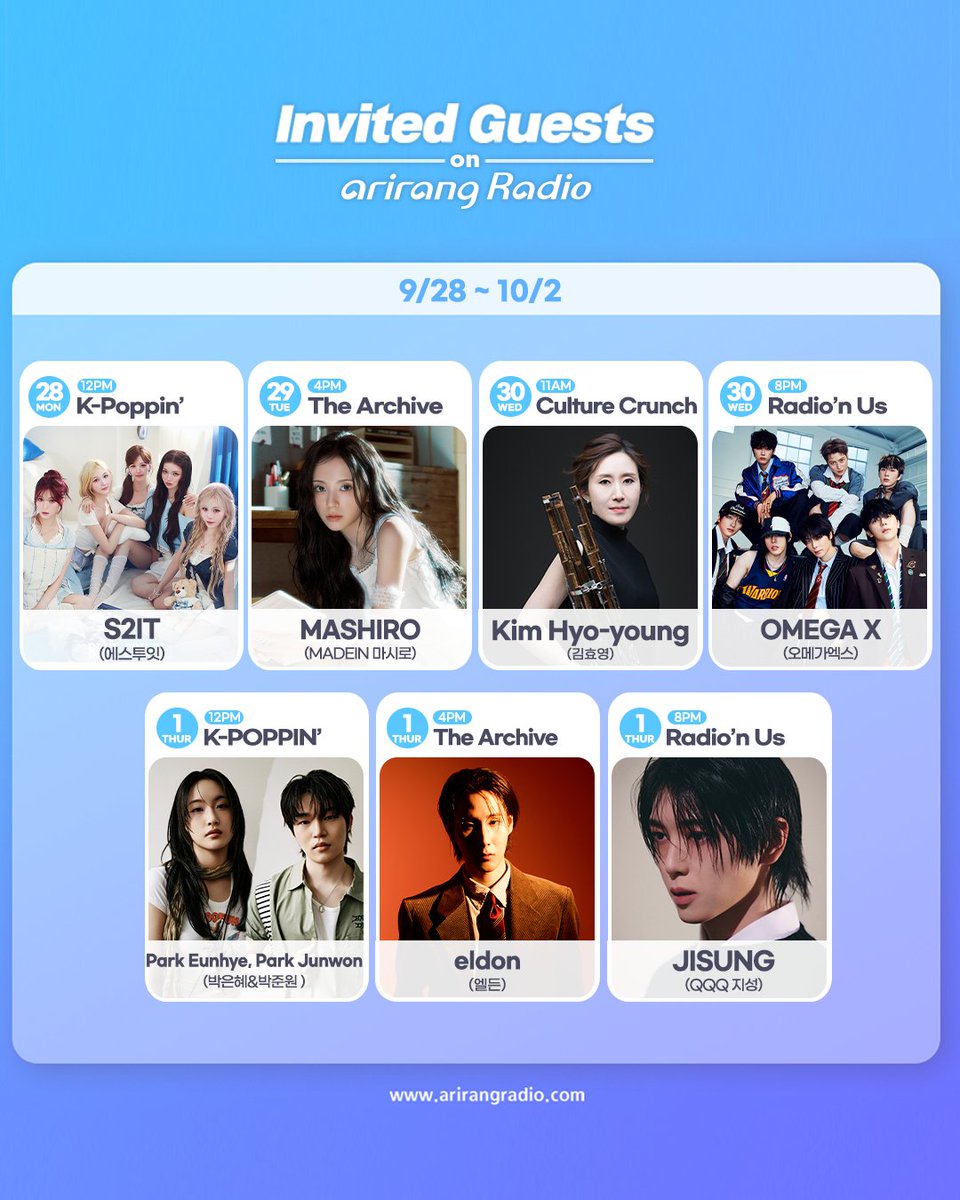 arirangradio's tweet photo. SEPTEMBER 30th
Culture Crunch (11AM) #김효영 #KIMHYOYOUNG
Radio’n Us (8PM) #오메가엑스 #OMEGAX

OCTOBER 1st
K-POPPIN’ (12PM) #박은혜 #박준원 #ParkEunhye #ParkJunwon
The Archive (4PM  #엘든 #eldon
Radio’n Us (8PM) #지성 #JISUNG #QQQ https://t.co/kj0sJPR0Ia