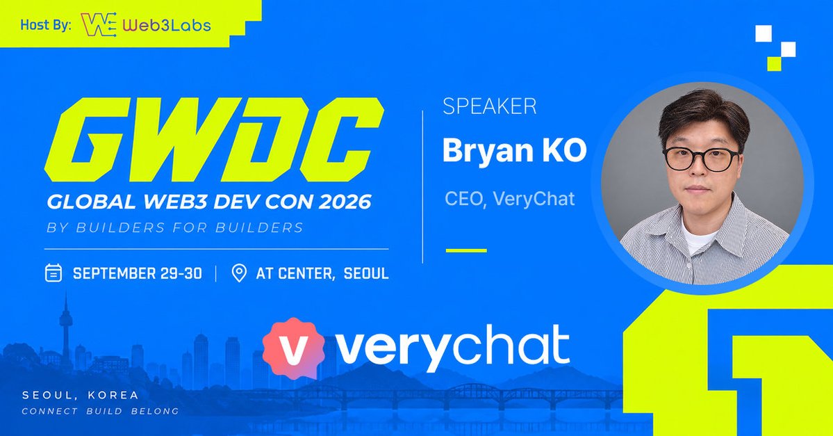 verylabs's tweet photo. 📢 VeryChat is speaking at GWDC 2026 KOREA 🎤

Our CEO Bryan Ko was invited as an official speaker. His session is about what we work on every day: making Web3 simple enough that ordinary people actually use it.

🗓 September 30, 11:05 - 11:20 KST · aT Center, Seoul

Register → https://t.co/DcuWlBz1MW
Speaker lineup → https://t.co/pMJeghrlbQ

In Seoul this week? We are at the TokenPost booth handing out VERY coupons. On-site only, no online participation. First 1,000 visitors, 200 - 500 VERY per registered coupon, plus draws for 50,000 VERY, 30,000 VERY, 10,000 VERY and a Very Node.

#VeryChat #GWDC2026
