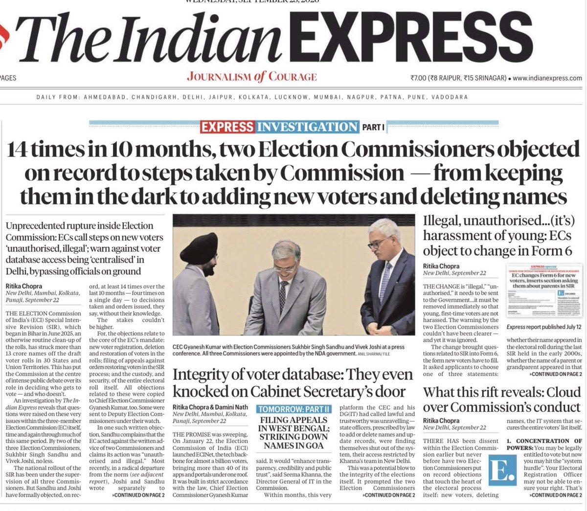 SachinPilot's tweet photo. There were questions and doubts raised by @RahulGandhi ji, and Congress submitted several objections to Election Commission regarding the electoral rolls. Now, the report below has provides further insights into the loopholes in SIR. 

West Bengal, Karnataka, Maharashtra, and Haryana are among the states where concerns have been raised about the integrity of electoral databases. Objections were raised in the selection process for Election Commissioner, particularly after the role of the CJI was removed from the selection committee. 

BJP has undermined democratic processes and institutions to serve its political interests. The process and database needs scrutiny, transparency, and accountability to safeguard the fairness of the electoral process. 

@INCIndia, @ECISVEEP @MLJ_GOI