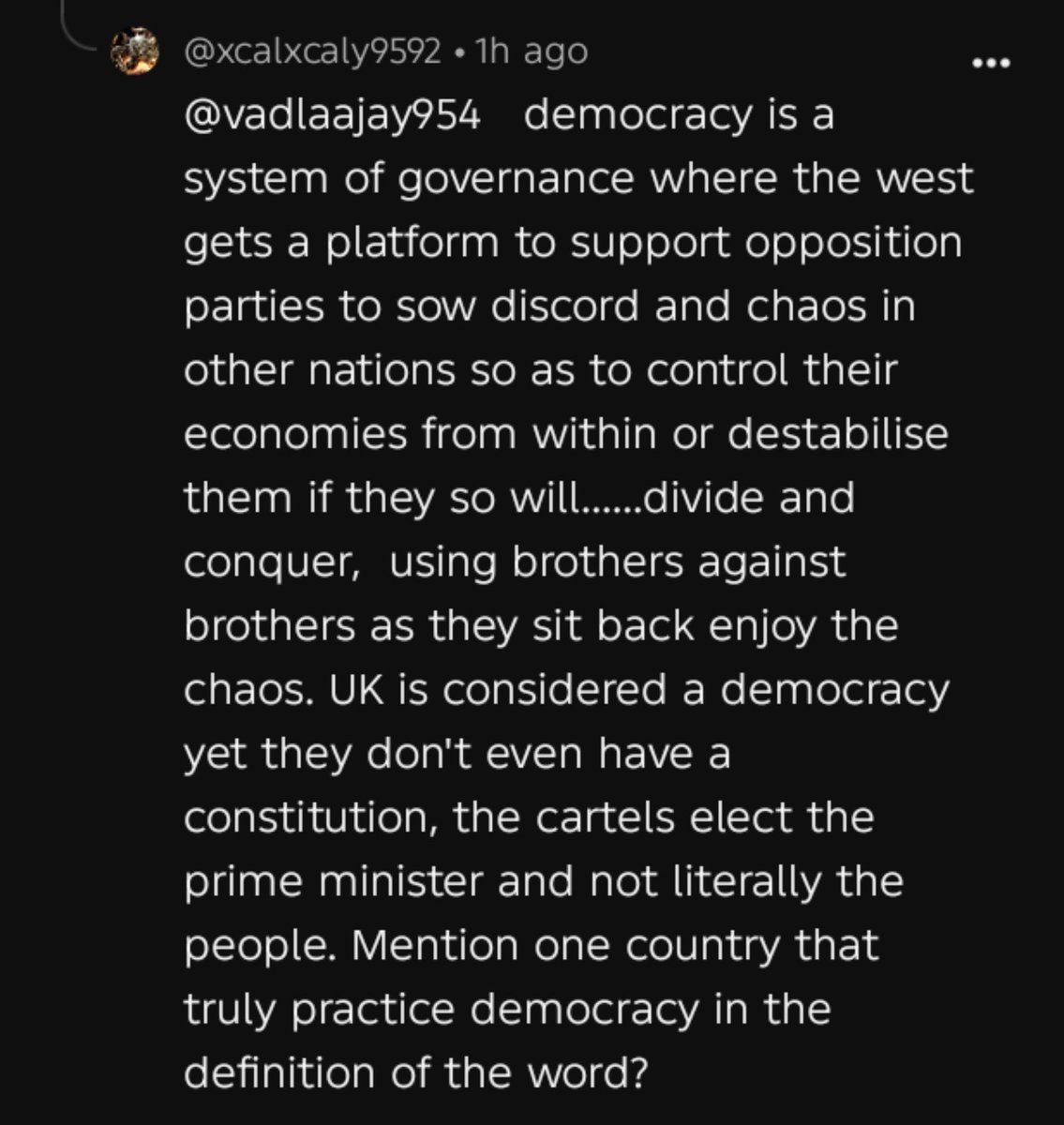 Gwillzphenom's tweet photo. This is Increasingly becoming True about democracy. That system of Government has been a System of Control by the West. https://t.co/W7QJWVSxqA