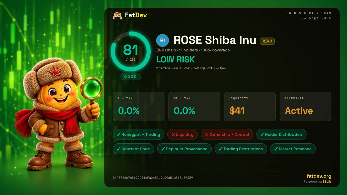 Rose_Shiba_Inu's tweet photo. $RINU just printed an 81/100 on @Fatdevorg 100% security scan.

LOW RISK
0/0 TAX
NOT A HONEYPOT.
CONTRACT CODE CLEAN.

Scan date: 23 Sept 2026

CA: 0xA87E0e7e3672D51cFa2452c9bD9a51aB68b8f239

DYOR. Verify the contract. Don’t ape blind.

Link in conment

$RINU #RINU #BNBChain #BSC https://t.co/7ZRLqekS9n