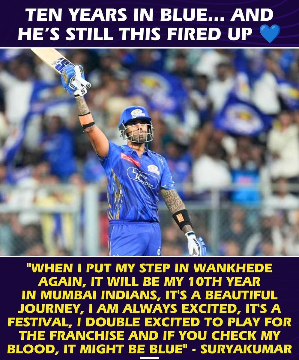RoyKiFeed's tweet photo. From one season to a decade together. 
Suryakumar Yadav and Mumbai Indians have built a connection that goes beyond the game. 🫡

#SuryakumarYadav #MumbaiIndians  #IndianCricket https://t.co/2AWp0wtsKY