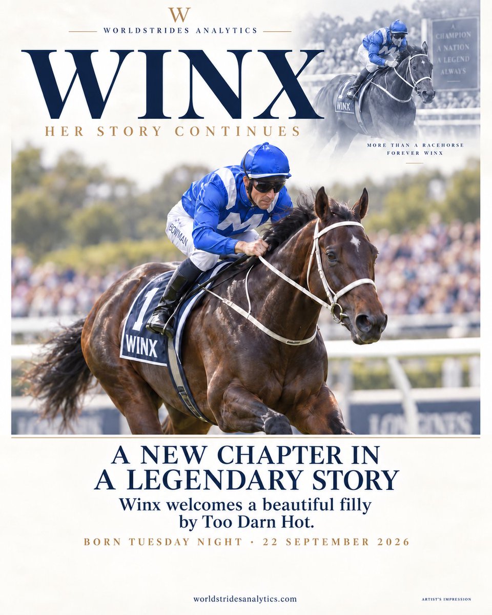 WorldstridesA's tweet photo. 💙 A new chapter in a legendary story.

Winx welcomed a beautiful filly by Too Darn Hot on Tuesday night, 22 September 2026.

She gave racing fans memories we’ll treasure forever. Now, there’s another little life to celebrate and a new story waiting to unfold.

Congratulations to everyone connected with Winx, from all of us at Worldstrides Analytics. 💙
