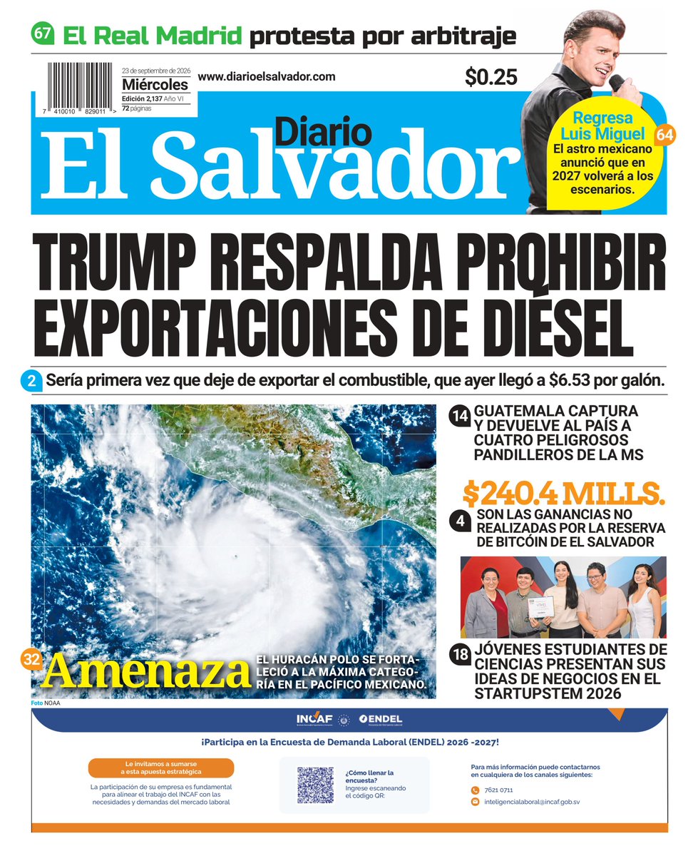 elsalvador's tweet photo. Esta es la portada de #DiarioElSalvador de este miércoles, 23 de septiembre de 2026. #DiarioES

Entérate de más noticias en ⬇️ https://t.co/xAonGvDISW https://t.co/6iEGcAgq8G