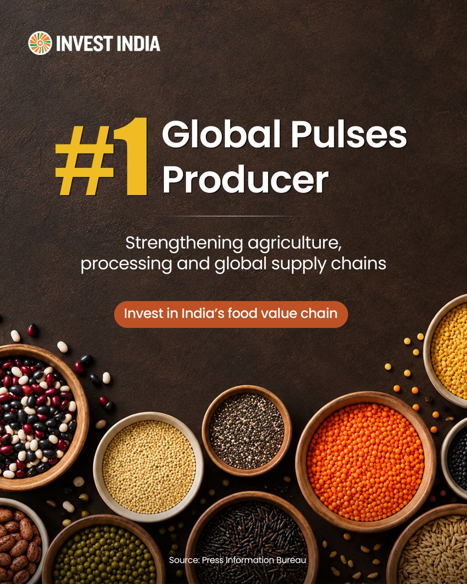 investindia's tweet photo. India leads global pulses production with a projection of 45.79 MT by 2047 creating opportunities across processing, value addition and agri-exports.

Explore India’s agricultural growth story with Invest India: https://t.co/bw5IfdG0wf

#InvestIndia #Agriculture #Pulses https://t.co/t4I1qIY3wM