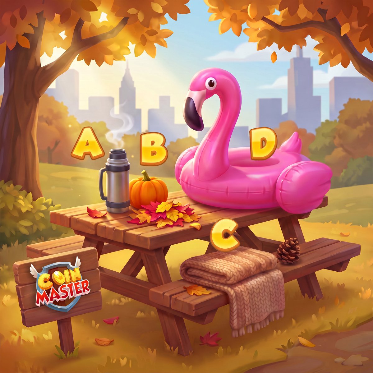 CoinMasterGame's tweet photo. Autumn is HERE!  
But one item didn't get the memo 🍂😂
Which one is still stuck in summer mode?
Is it A, B, C, or D? 👇 https://t.co/LDspUCaRBR