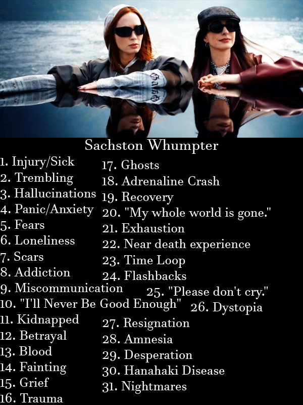 sachstonweek's tweet photo. Sorry these prompts are late. You can submit your works whenever you want. There is no end date to this. #Sachston #Whumptober #SachstonWhumptober 

1. No AI!
2. Art and Fanfics are allowed.
3. You can pick and choose which prompts you use. https://t.co/33XFpVl4Ou