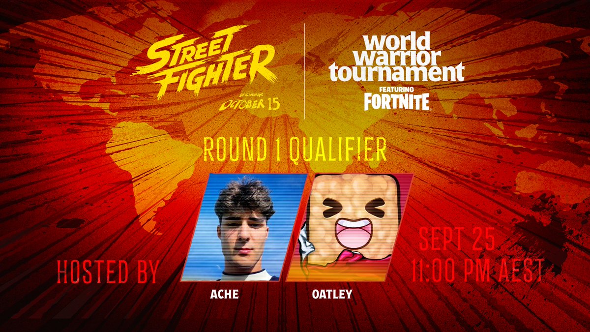 Oatleyfn's tweet photo. I’m hosting Round 1 of the Fortnite World Warrior Tournament on September 25th at 11:00pm AEST on my Twitch & YouTube
Players from around the world will battle it out in Fortnite for two spots in the finale. Game on @Street_Fighter #StreetFighterPartner https://t.co/TOd1FExyfw